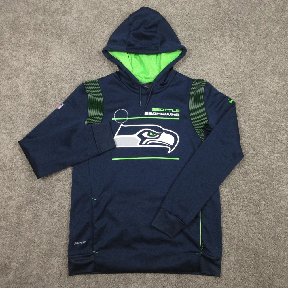 Seattle Seahawks Sweater Mens Medium Navy Blue Hoodie Sweatshirt Nike Drifit EUC